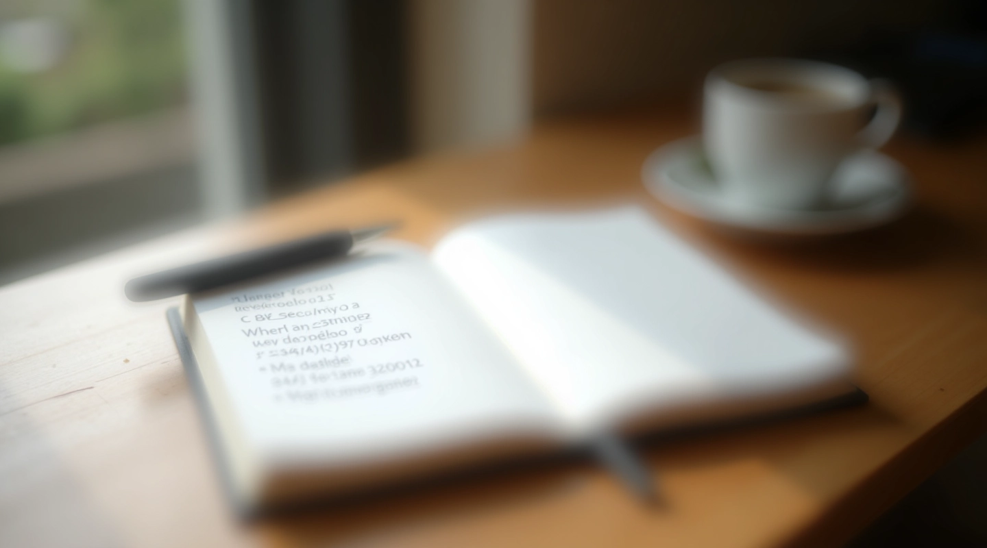 Notitieboek met handgeschreven schema op houten bureau met kopje koffie en pen