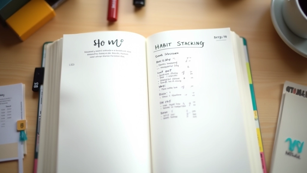 Handgeschreven gewoontes-stapel formule in agenda met kleurrijke pennen en kopje thee, werkblad bovenaanzicht
