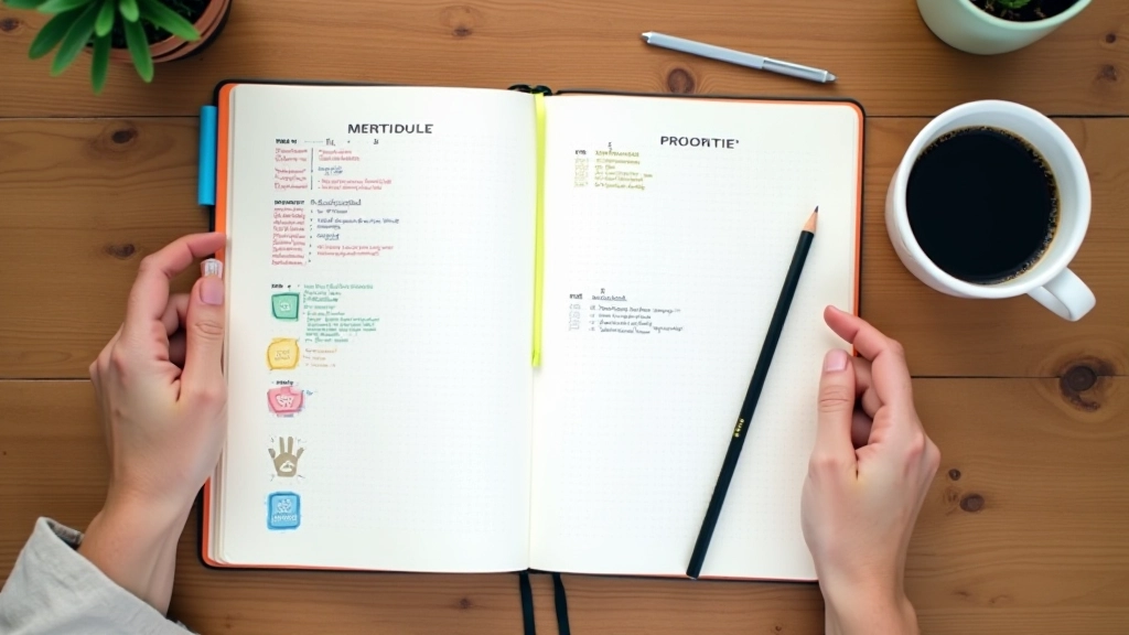 Notitieboek met vereenvoudigde routine schema en pijlen die prioriteiten aanduiden