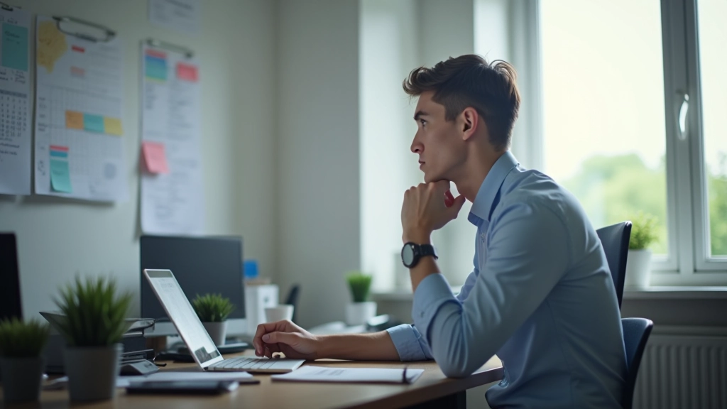 Iemand kijkt naar druk schema op agenda, vermoeide blik, kantoor setting