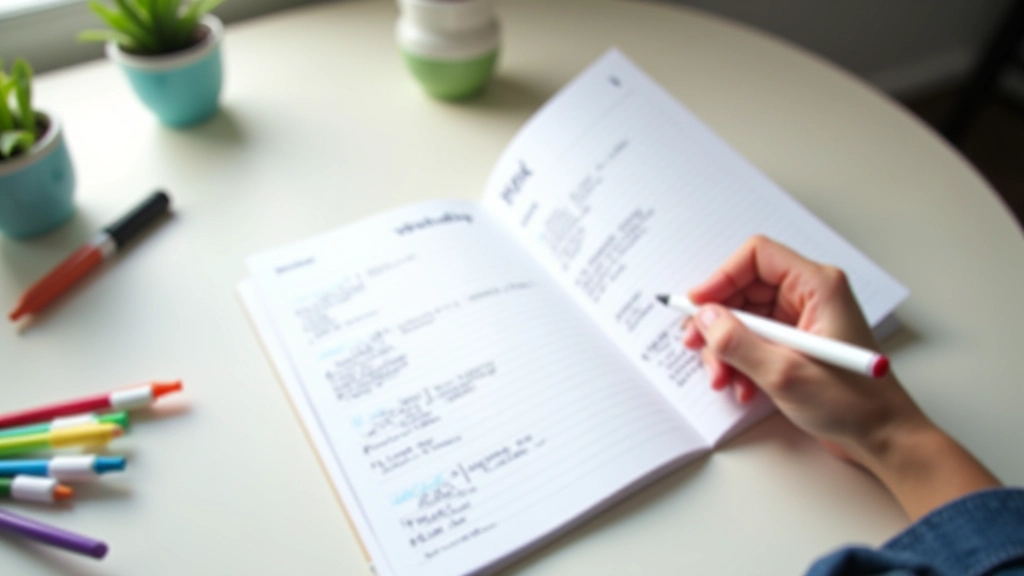 Hand die aantekeningen maakt in weekplanner met verschillende gekleurde pennen