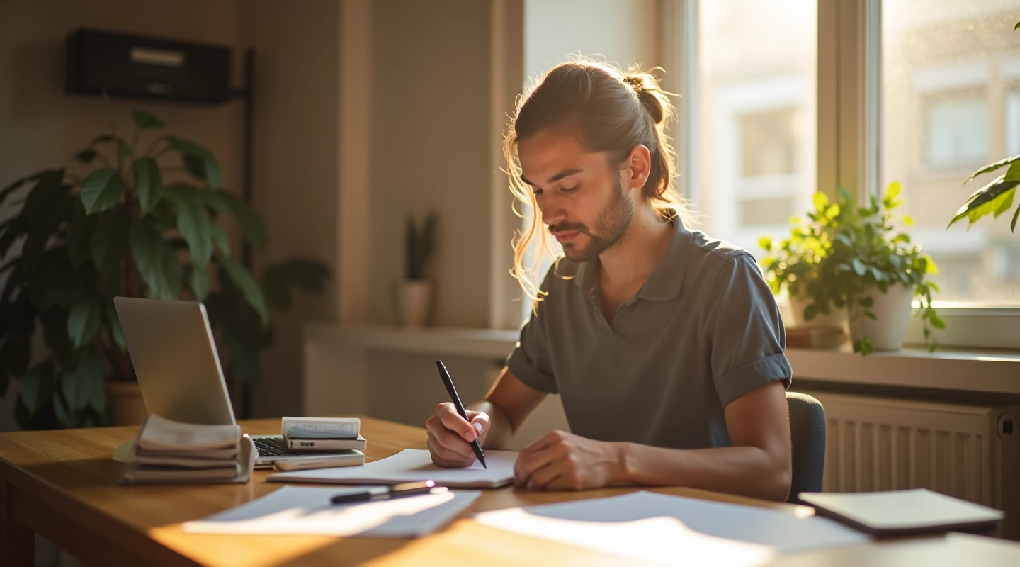 Persoon die aan een bureau zit en een dagritme planning in een notitieboek schrijft met warm licht