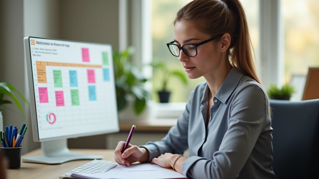 Persoon die aan bureau zit en kalender raadpleegt met gekleurde markeringen